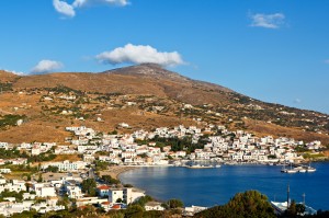 Batsi: The harbour and town, with yachts and motor cruisers on all three quays