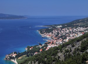 Bol: The monastery spire, bottom left, harbour, centre and Zlatni Rat in the distance