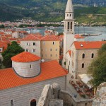 Budva: The alleys of the town showing the tower of St. Ivan's church