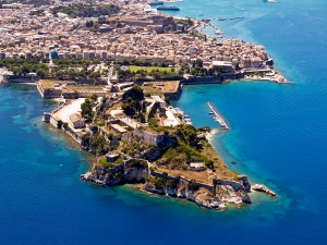 Corfu: The Fortress with Mandraki harbour centre right and the commercial port top