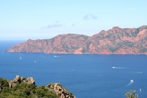 Girolata: View across the gulf looking west with boats in the bay