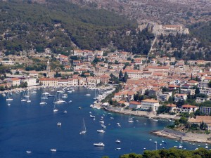 Hvar: The harbour and town with the yacht quay centre right