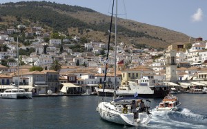 Hydra: South quay, with the cargo boat that delivers the islands provisions in it's usual spot