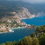 Assos: Aerial view over the causeway, with yachts moored on the village quay