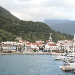 Sami: The harbour and yacht quay, with an impressive array of satellite dishes behind!