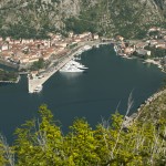 Kotor: Aerial view of the bay showing the town, port and extensive fortress walls