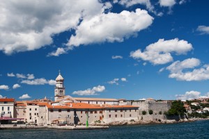 Krk Town: The castle and cathedral with green starboard mark in front