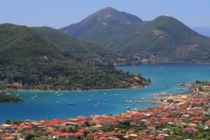 Nidri: The town quay with Tranquil Bay opposite and Vlikho Bay right