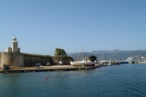 Lefkas Town: The canal entrance, north end, with Santa Maura Fort and the swingbridge.
