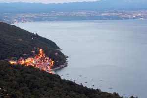Moscenicka Draga: The village at dusk, showing the exposed location