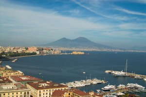 Naples: The bay with Sannazzaro harbour in the foreground and Mt. Vesuvius in the distance
