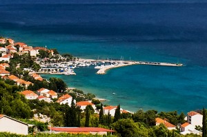 Orebic: The harbour with yachts moored on the inside of the breakwater