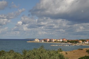 Povljana: The bay and village with the end of the breakwater visible