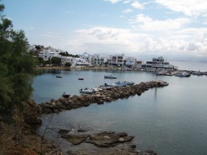 Piso Livadi: The small harbour and village, showing the breakwaters