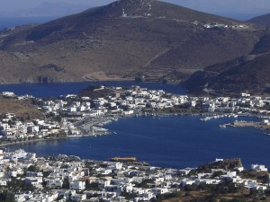 Skala Patmos: Close up of harbour showing yacht quay centre left