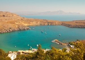 Lindos: The north bay, looking north, with yachts at anchor