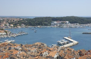 Rovinj: The harbour and marina, seen over the tightly packed buildings of the old town
