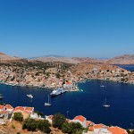 Symi Town: Aerial view of the port, with yachts moored in the inner harbour, left