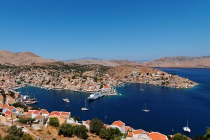 Symi Town: Aerial view of the port, with yachts moored in the inner harbour, left