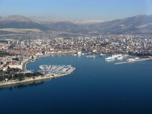 Split: Aerial view of the harbour showing the marina, the town and the ferry port
