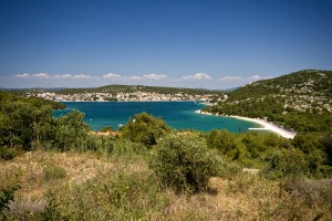 Tisno: North west of the bridge, looking towards the yacht quays, far left and far right