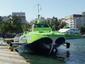 Piraeus, Athens: Poros ferries with a Flying Dolphin nearest camera and a newer Fast Catamaran behind